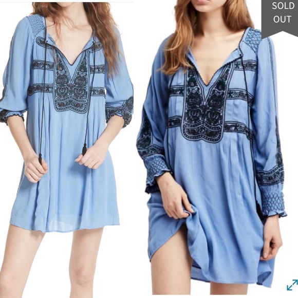 Free People Dresses & Skirts - Free People Wind Willow Minidress Embroidered Blue